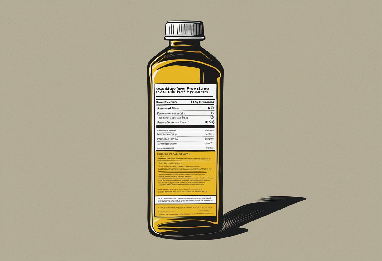A bottle of MCT oil with a caution label. A list of potential side effects and precautions is shown clearly on the label