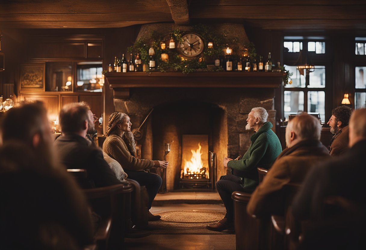 A cozy Irish pub with a roaring fireplace, where a group of people gather to listen to a storyteller weaving tales of ancient folklore and mythology