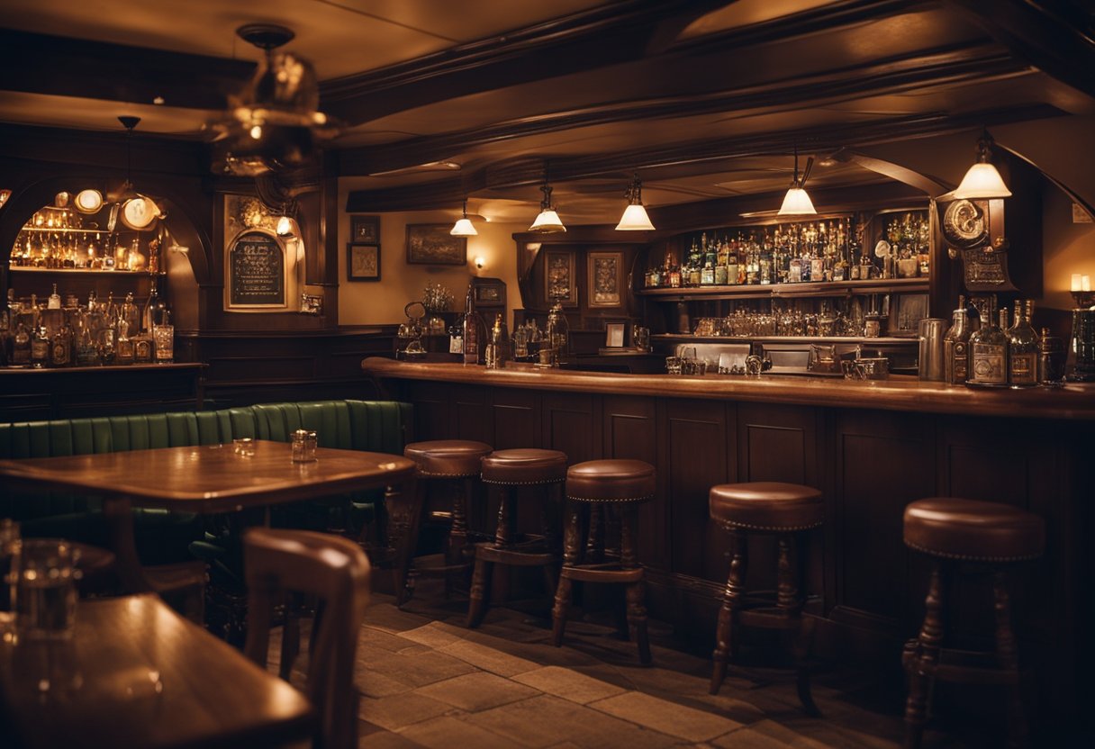 A cozy Irish pub with a roaring fire, where a storyteller captivates an audience with ancient tales, surrounded by traditional Irish decor and a warm, inviting atmosphere