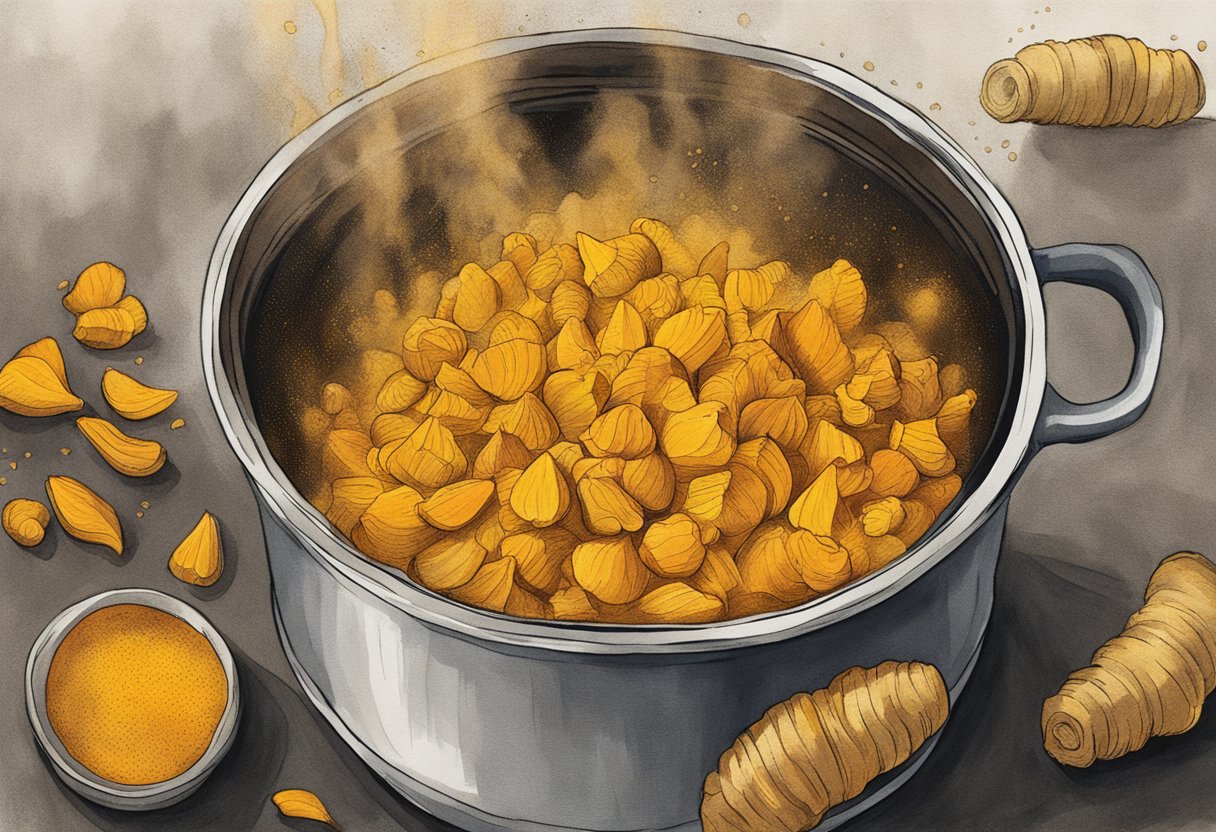 Vibrant turmeric root bursts open, releasing its golden hue into a steaming pot of simmering water