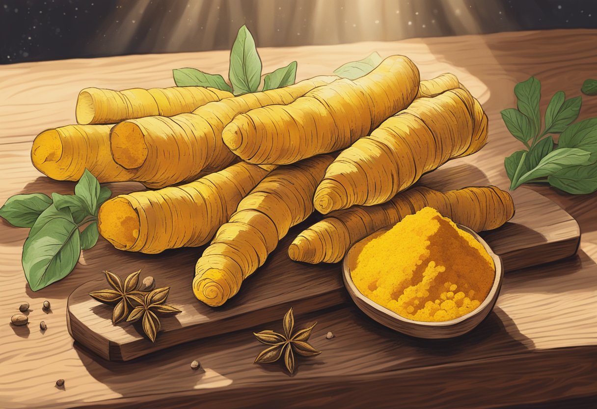 A vibrant yellow turmeric root sits on a wooden cutting board, surrounded by various herbs and spices. Rays of sunlight filter through a window, casting a warm glow on the scene
