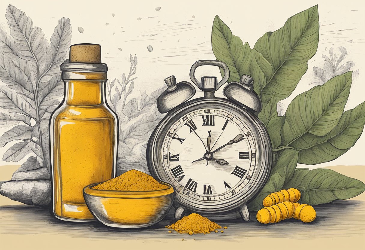 A bottle of turmeric supplements surrounded by fresh turmeric root and powder, with a clock showing the passage of time