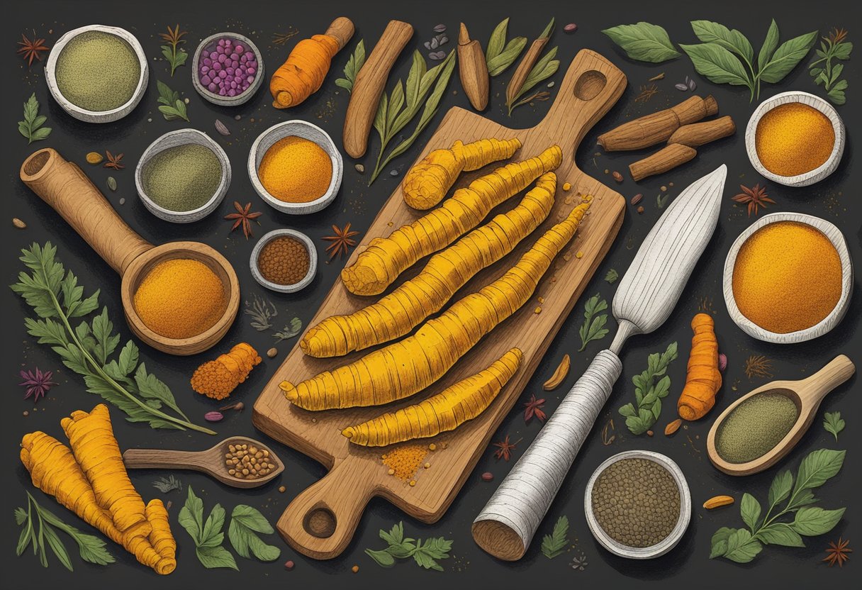A vibrant turmeric root sits on a cutting board, surrounded by colorful spices and herbs. A mortar and pestle nearby suggest the process of grinding and incorporating turmeric into a meal