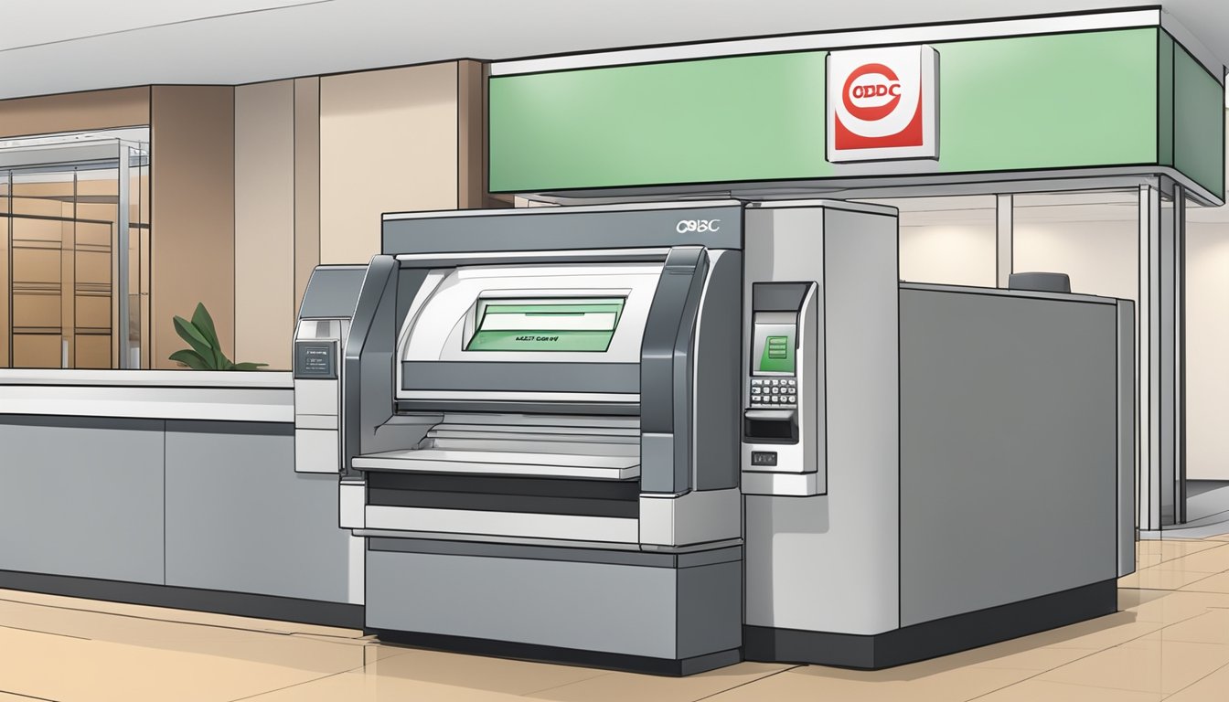 An OCBC cheque deposit machine in Singapore is shown accepting a cheque with the bank's logo displayed prominently. The machine is sleek and modern, with clear instructions and a slot for depositing the cheque