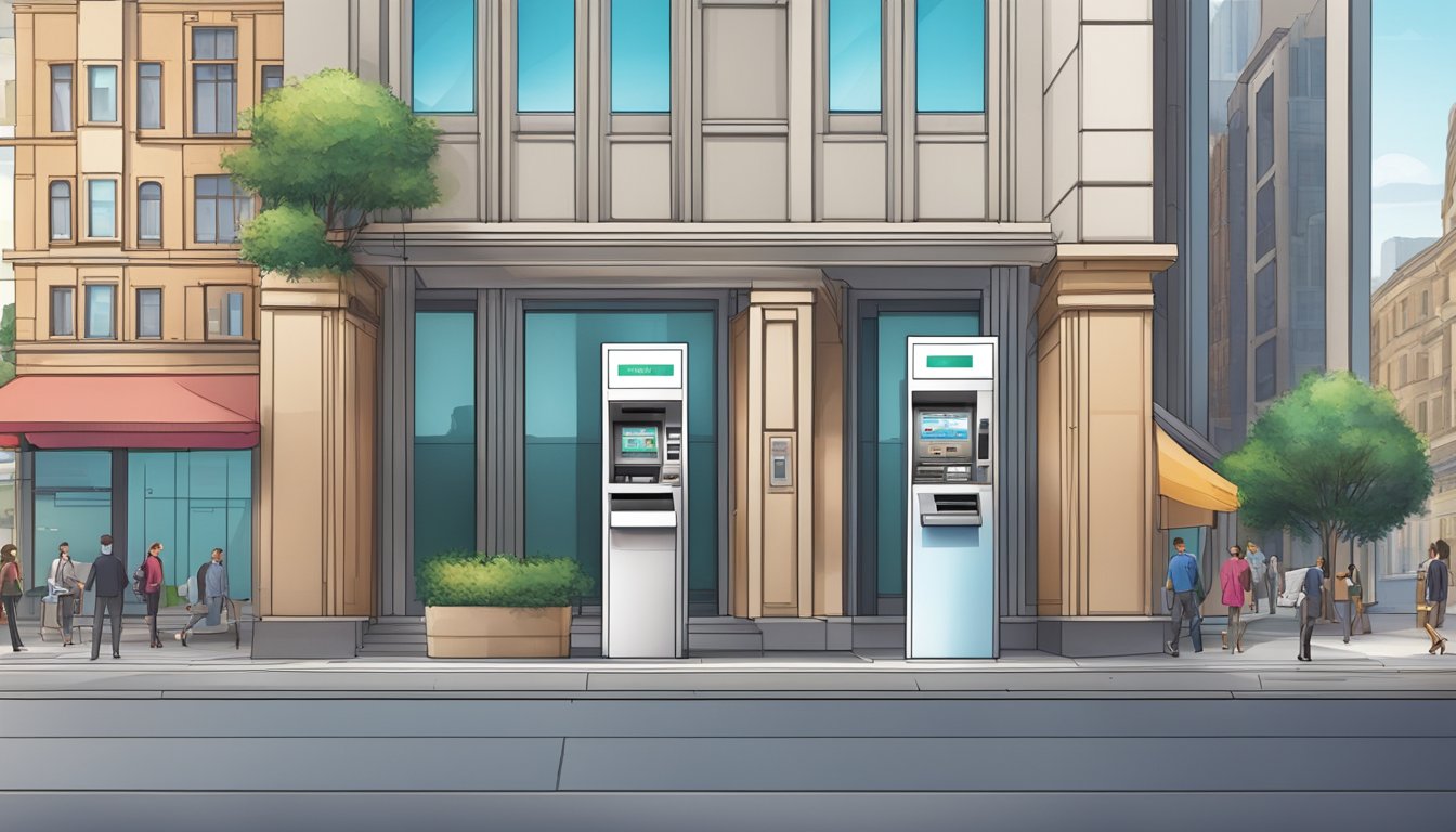 An outdoor setting with a modern, sleek ATM machine featuring a built-in cheque deposit slot. The machine is located in a busy urban area, with surrounding buildings and people in the background