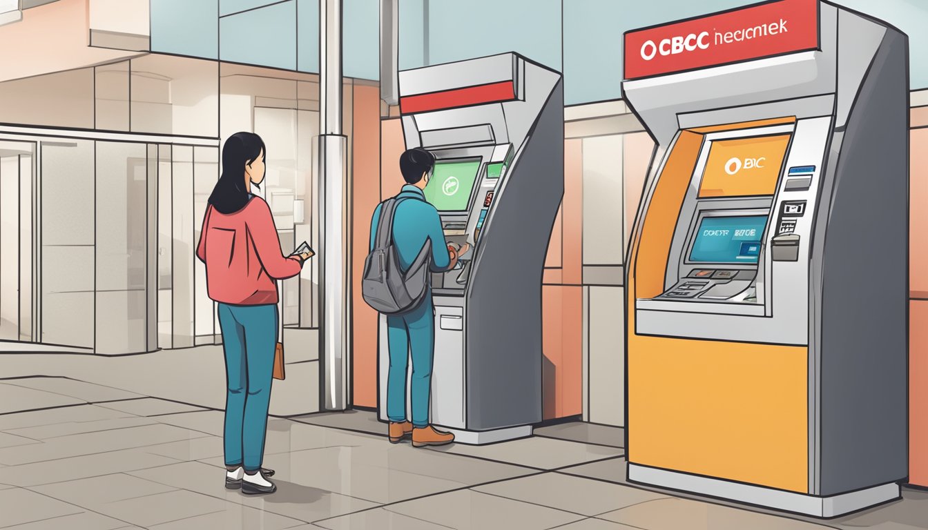 A customer inserts a cheque into an OCBC deposit machine at a branch, with an ATM nearby