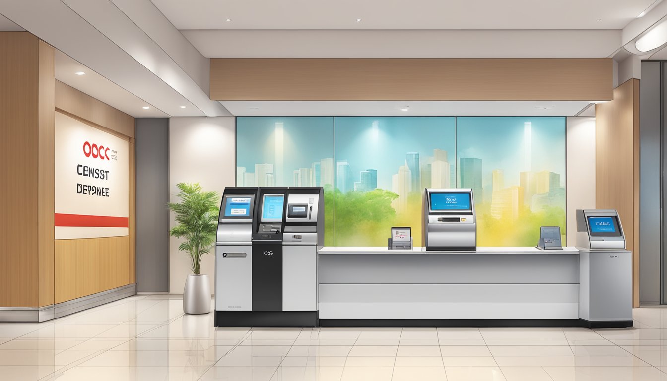 A modern, sleek OCBC cheque deposit machine in a bright, clean Singapore bank lobby
