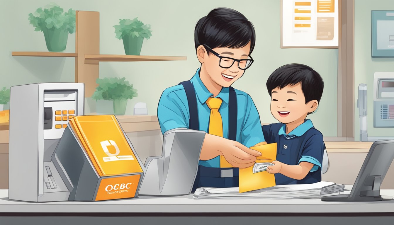 A child happily depositing money into an OCBC bank account in Singapore. The child is smiling as they hand over their savings to the bank teller