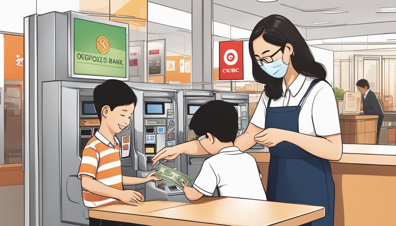 A child happily depositing money into an OCBC Child Account at a Singapore branch, while a friendly bank teller assists