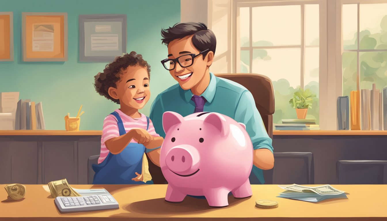 A child eagerly hands over a piggy bank to a smiling bank teller, while a parent looks on proudly