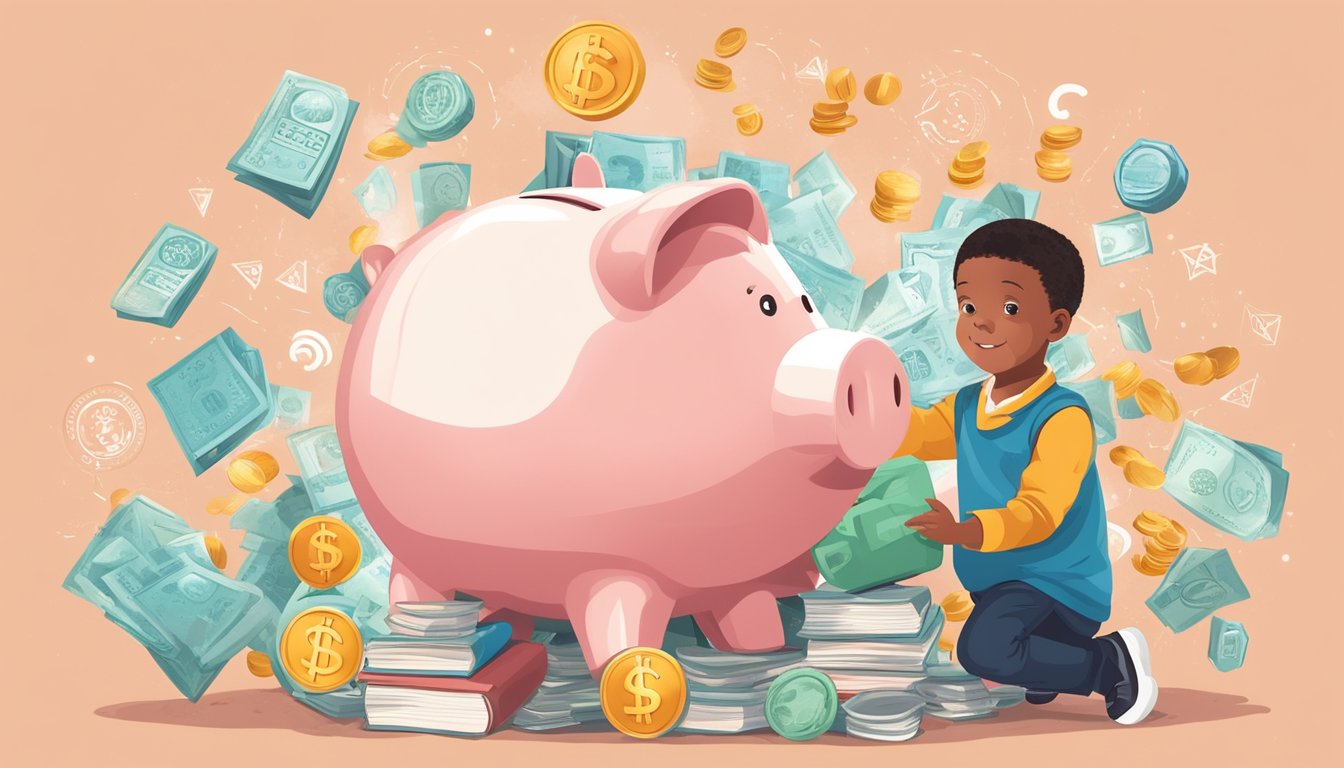 A child holding a piggy bank with the OCBC logo, surrounded by symbols of education, growth, and financial security
