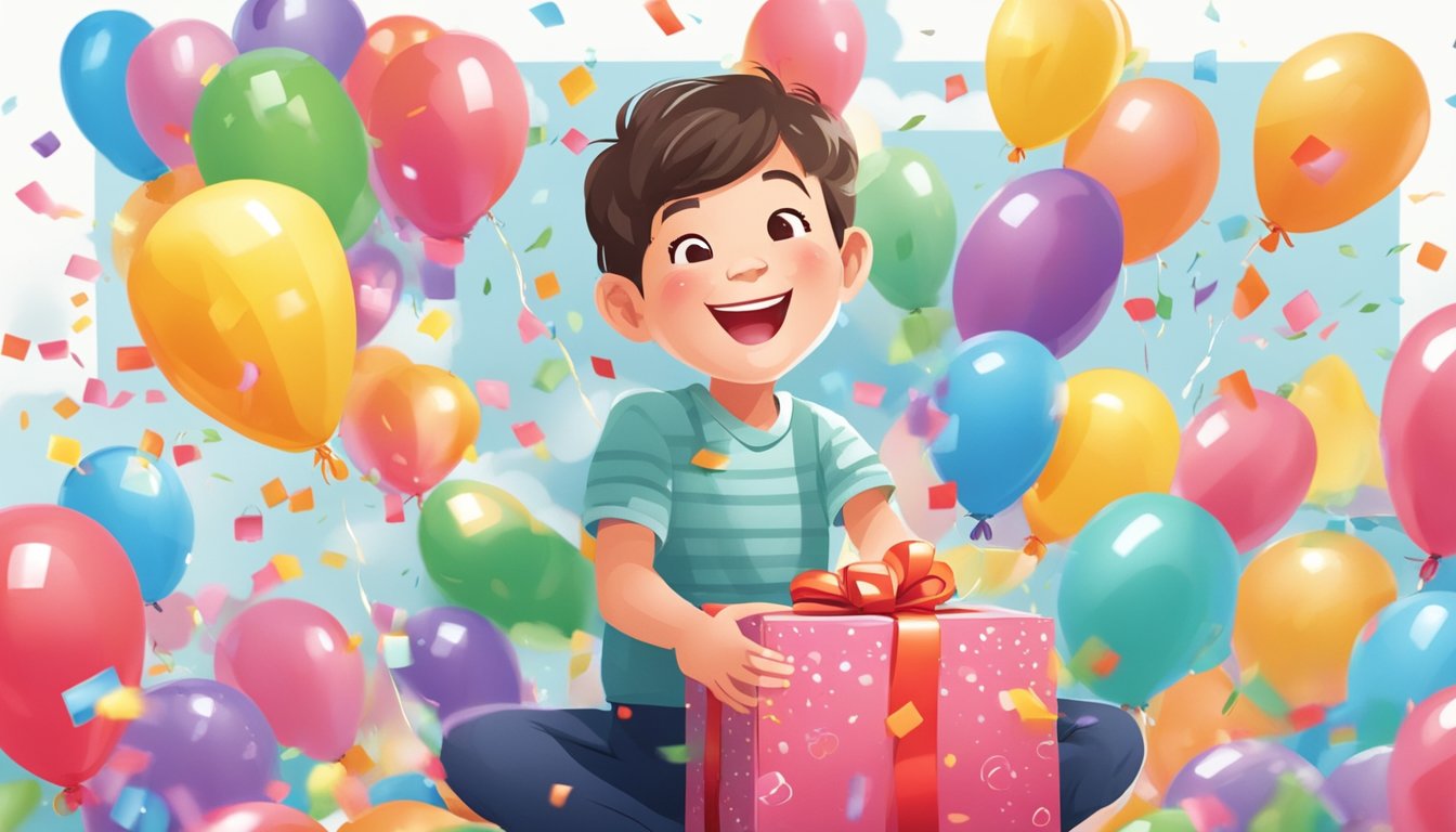 A child happily receives a gift box with the OCBC logo, surrounded by colorful balloons and confetti