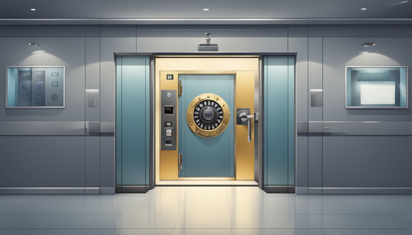 A sturdy vault door with a combination lock, surrounded by surveillance cameras and motion sensors, inside a modern bank branch