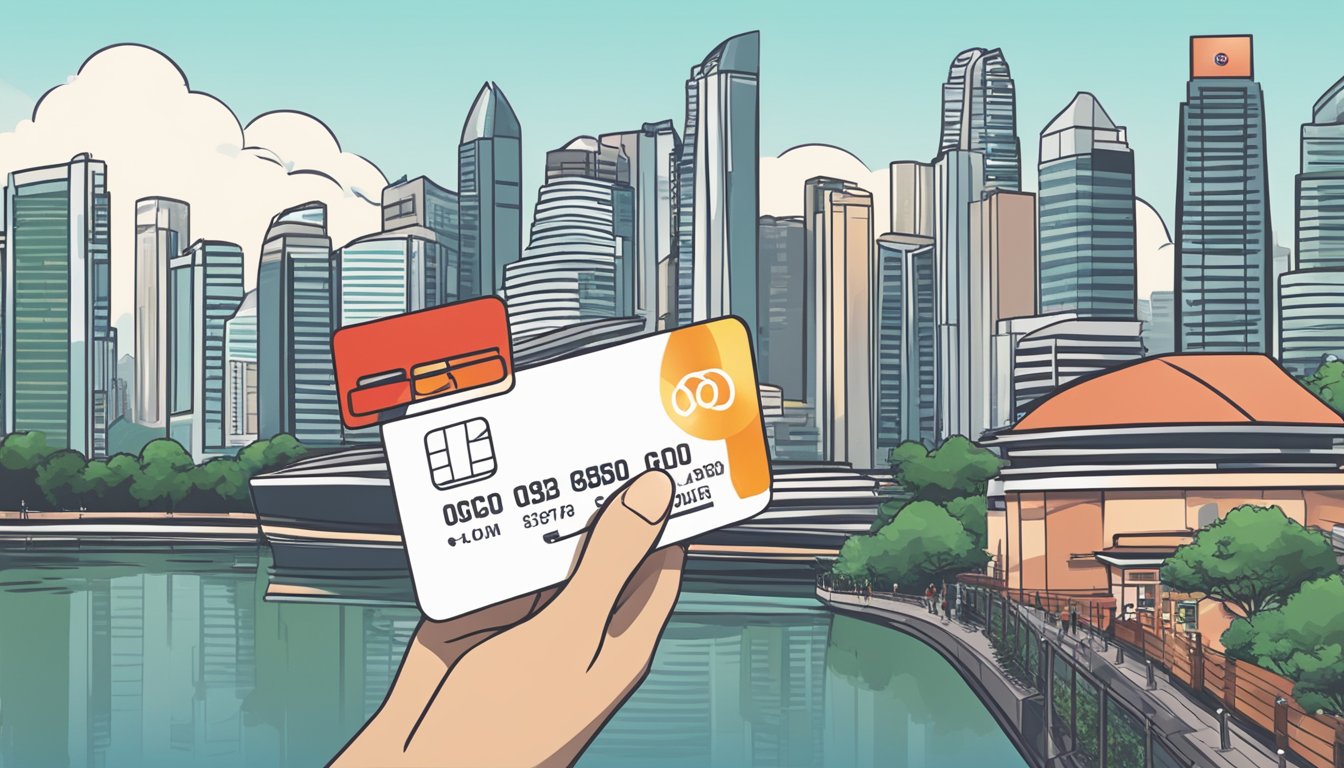 A hand holding an OCBC credit card, with a Singaporean skyline in the background