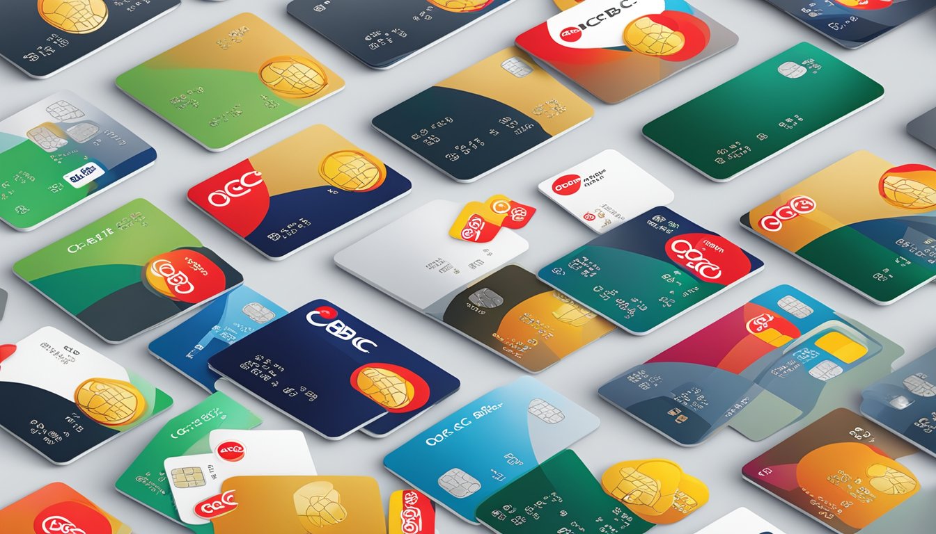 A variety of OCBC credit cards arranged on a clean, modern surface with the OCBC logo prominently displayed in the background