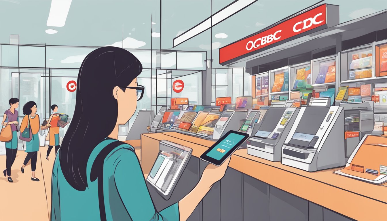 A person swiping an OCBC credit card at a store, with various benefits and rewards popping up around them