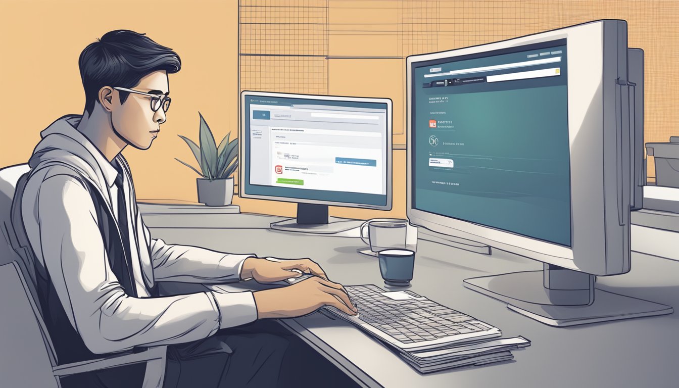 An individual sitting at a computer, navigating the OCBC website to cancel their credit card online in Singapore