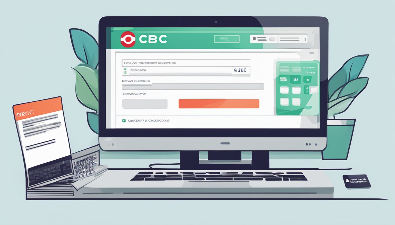 A computer screen displaying the OCBC website with a credit card cancellation form open, a mouse cursor clicking the "submit" button