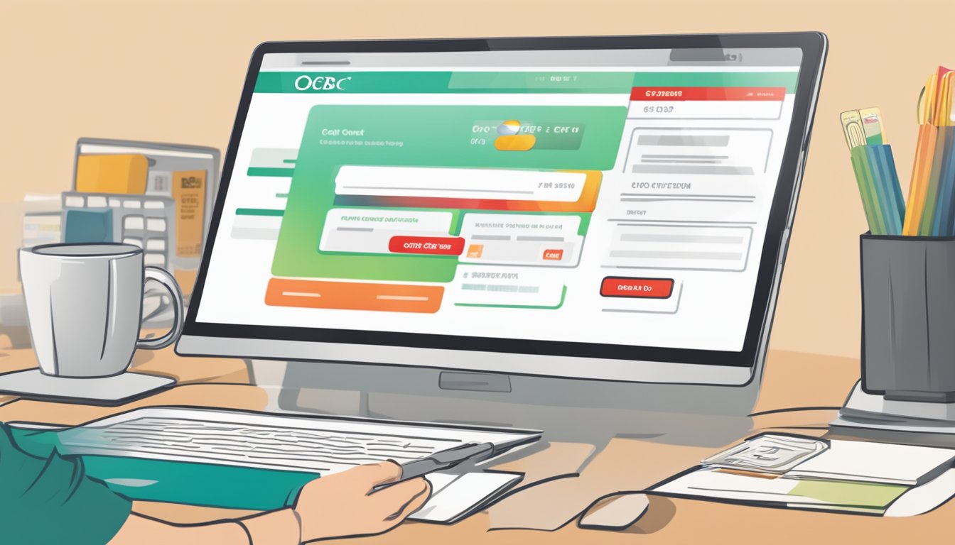 A computer screen displaying the OCBC website with options for cancelling a credit card online in Singapore