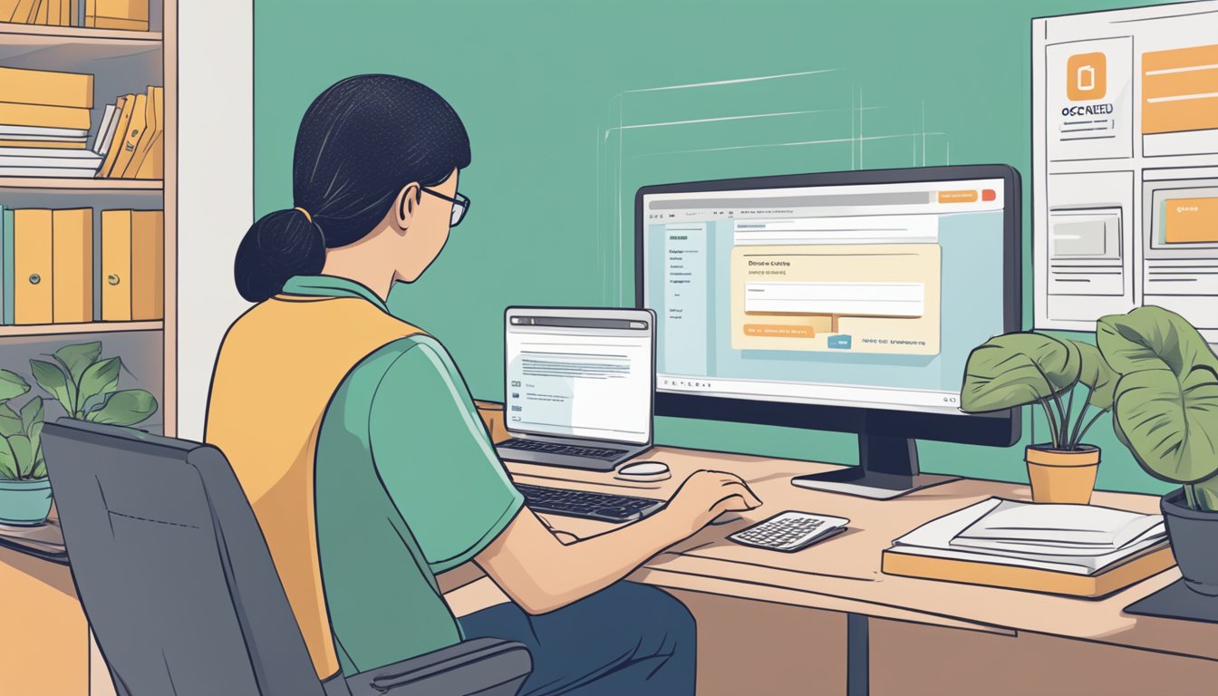 A person sitting at a computer, clicking through options on a website to cancel their OCBC credit card online in Singapore