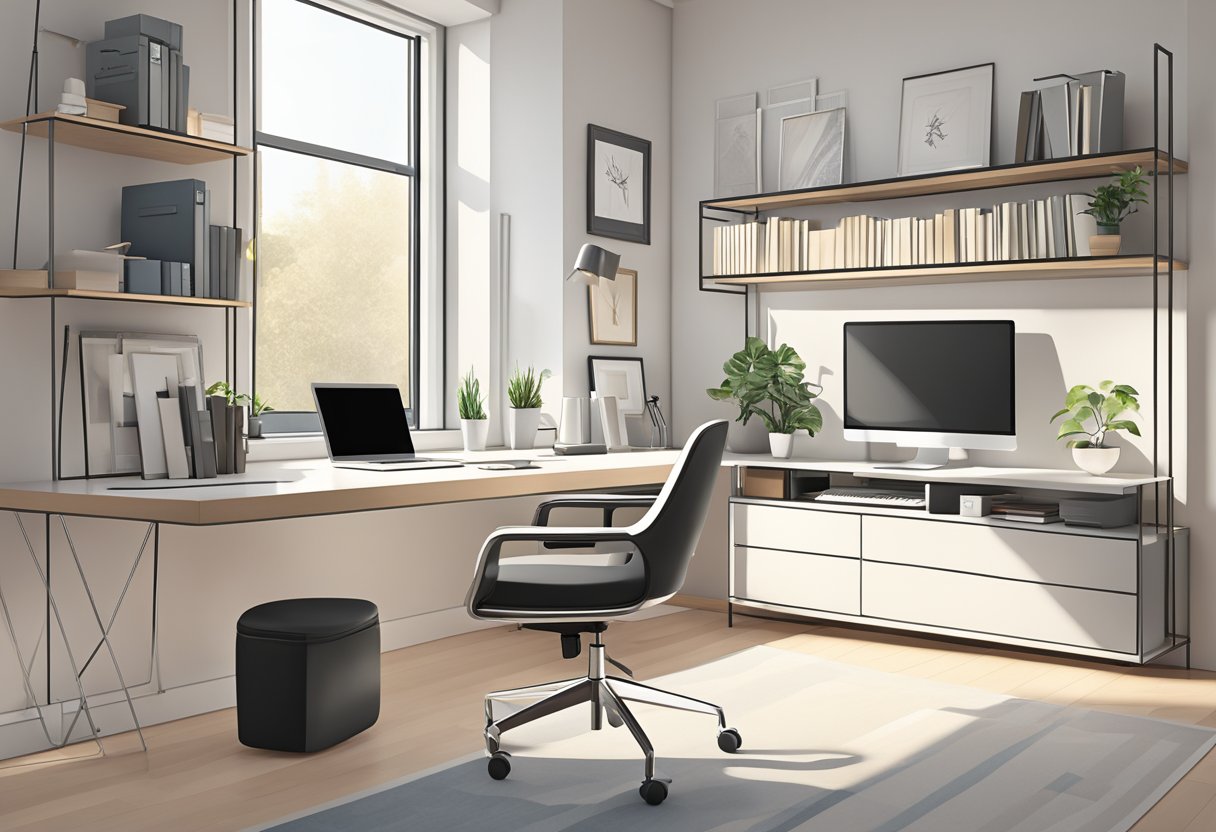 A modern, minimalist home office with a sleek computer desk, large monitor, and stylish ergonomic chair. The room is bathed in natural light from a large window, and there are shelves filled with design books and decor accents