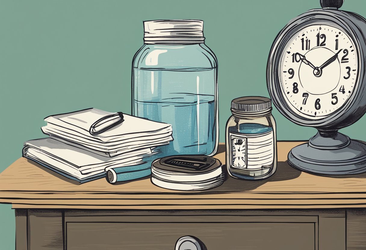 A jar of creatine sits on a nightstand, next to a glass of water and an alarm clock set for the early morning