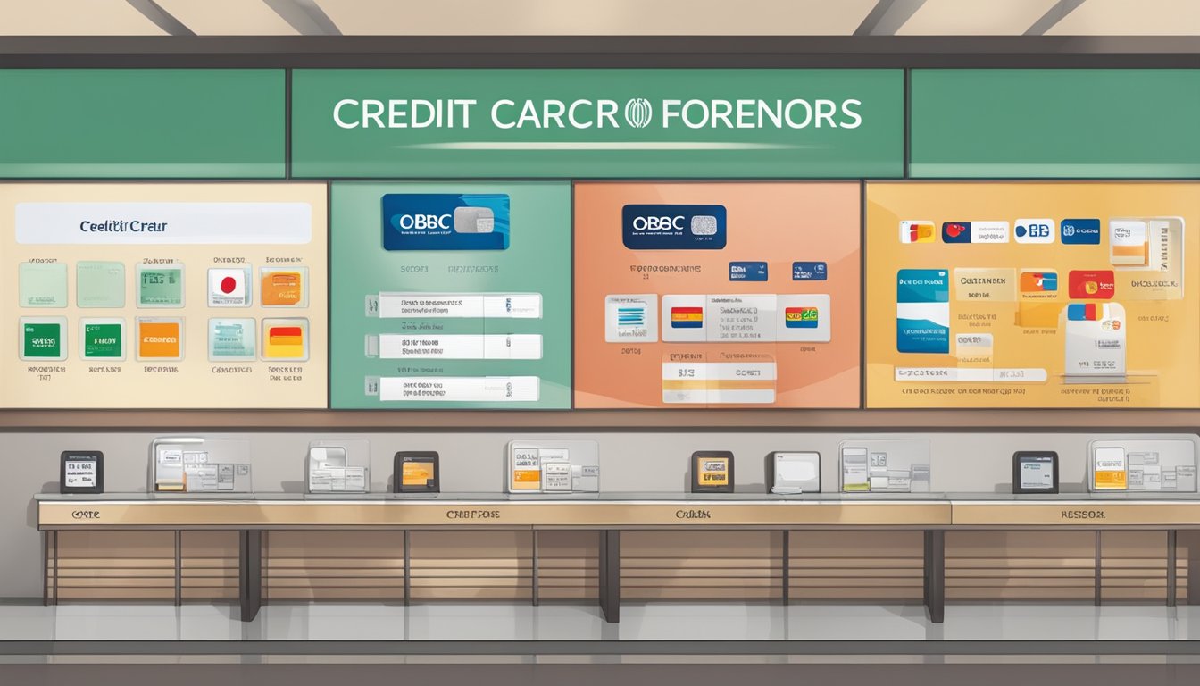 A table with various OCBC credit cards displayed, alongside a sign stating "Credit Card Options for Expats" with eligibility criteria for foreigners in Singapore