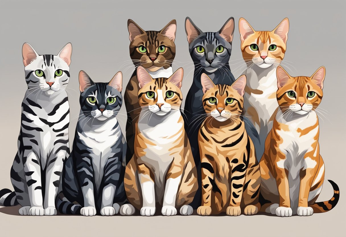Seven cat breeds, including Bengal cats, sit side by side, each displaying unique markings and colors. Their sleek bodies and alert expressions showcase their distinct personalities
