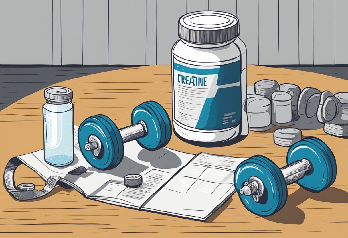 A container of creatine sits next to a set of weights in a gym, with a person's water bottle nearby