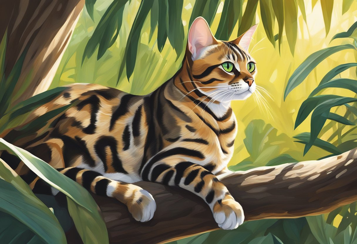 A Bengal cat lounges on a tree branch, its sleek coat glistening in the sunlight. Nearby, other cats with similar markings play and explore the jungle-like setting