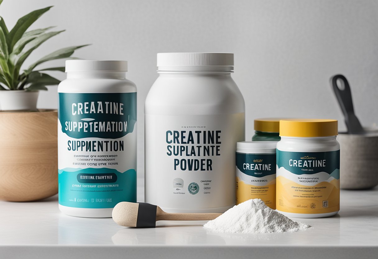 A container of creatine powder sits next to a water bottle and a scoop on a clean, white countertop. A label on the container reads "Creatine Supplementation: Benefits for Different Populations."