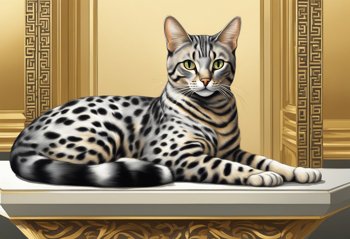 An Egyptian Mau cat with distinctive spotted fur lounges gracefully on a golden pedestal, exuding an air of regal elegance