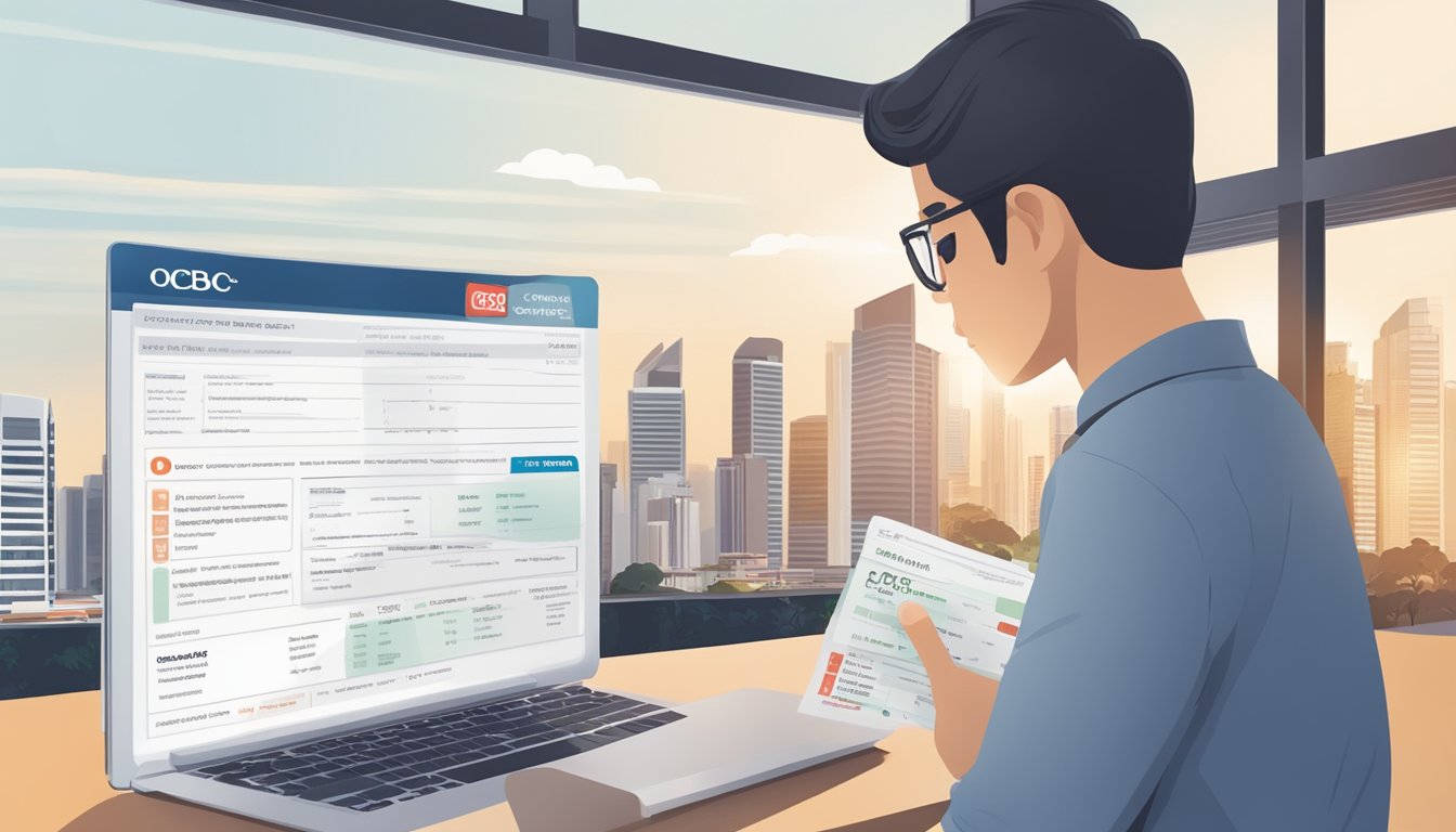 A person holding an OCBC credit card application form, with a list of fees and charges highlighted. The Singapore skyline is visible through a window in the background