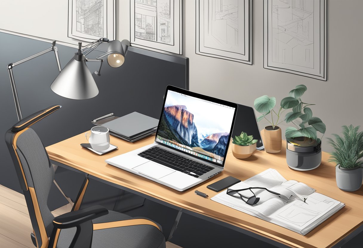 A laptop on a clean, modern desk with a comfortable chair. A stylish lamp illuminates the space, while a mood board and design samples sit nearby
