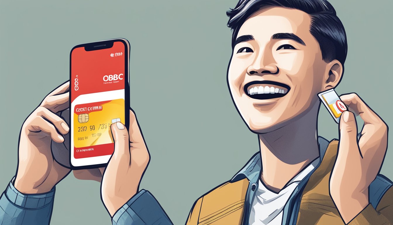 A hand holding an OCBC credit card with a "Limit Increase" notification on a smartphone screen, with a happy expression on the person's face