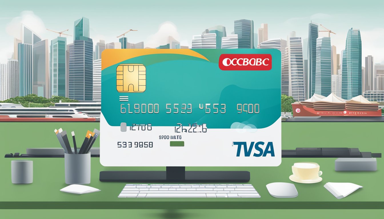An OCBC credit card with an increased limit displayed on a computer screen, with a Singaporean skyline in the background
