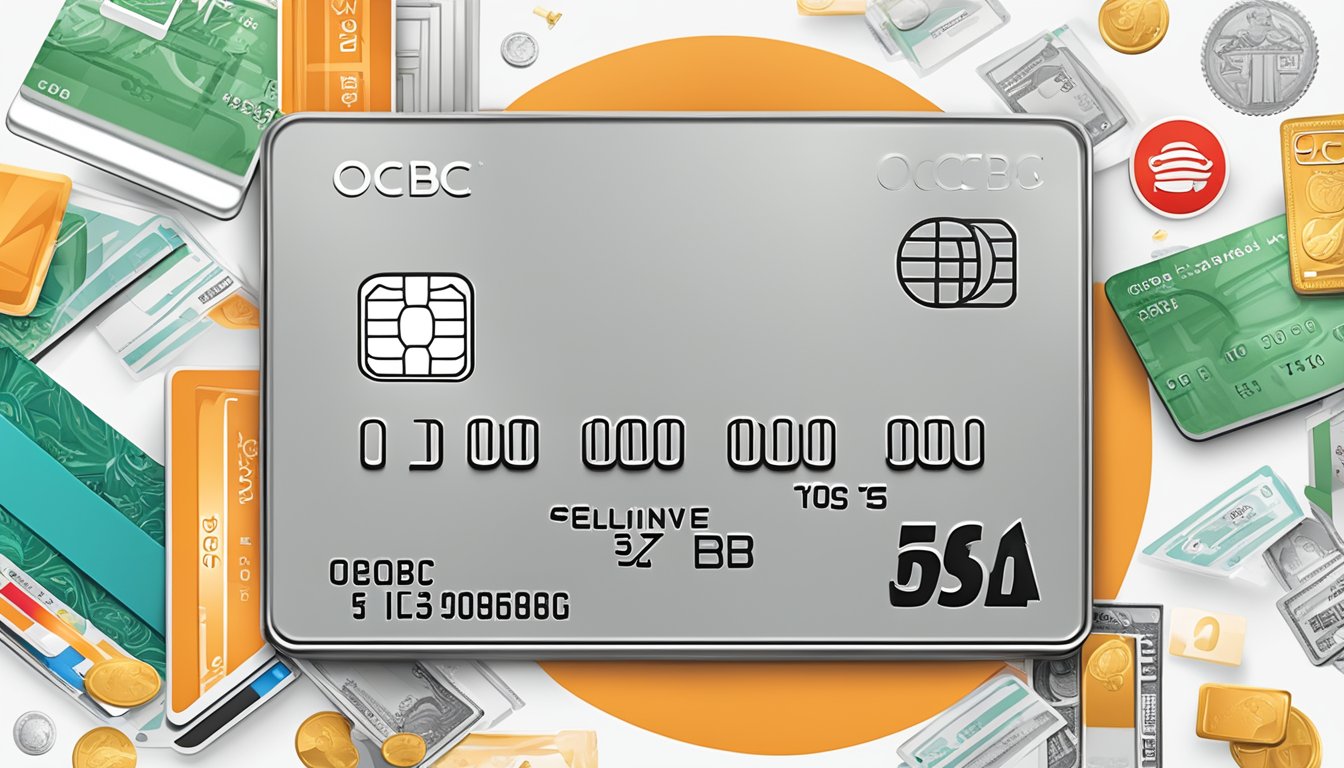 A shiny, metallic credit card with the OCBC logo prominently displayed, surrounded by icons representing exclusive features like travel rewards and cashback offers