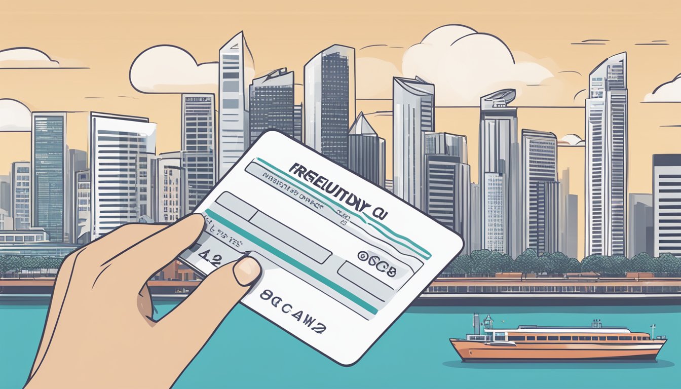 A person holding an OCBC credit card and a document showing "Frequently Asked Questions" with a background of the Singapore skyline