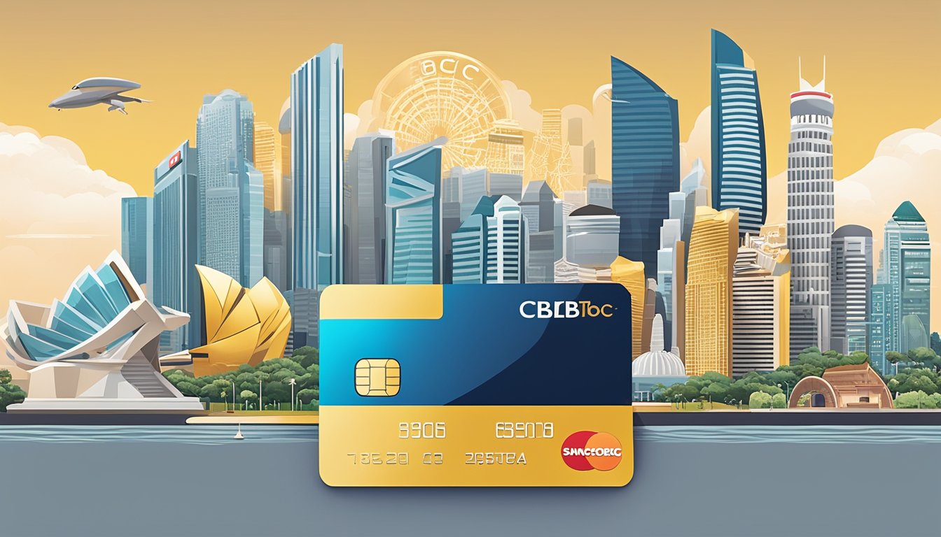 A gleaming OCBC credit card surrounded by iconic Singaporean landmarks and symbols, with a backdrop of the city skyline