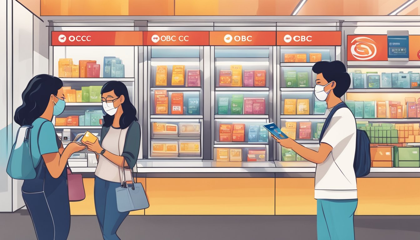 A person swiping an OCBC credit card at various merchants, earning rewards like cashback, air miles, and dining discounts