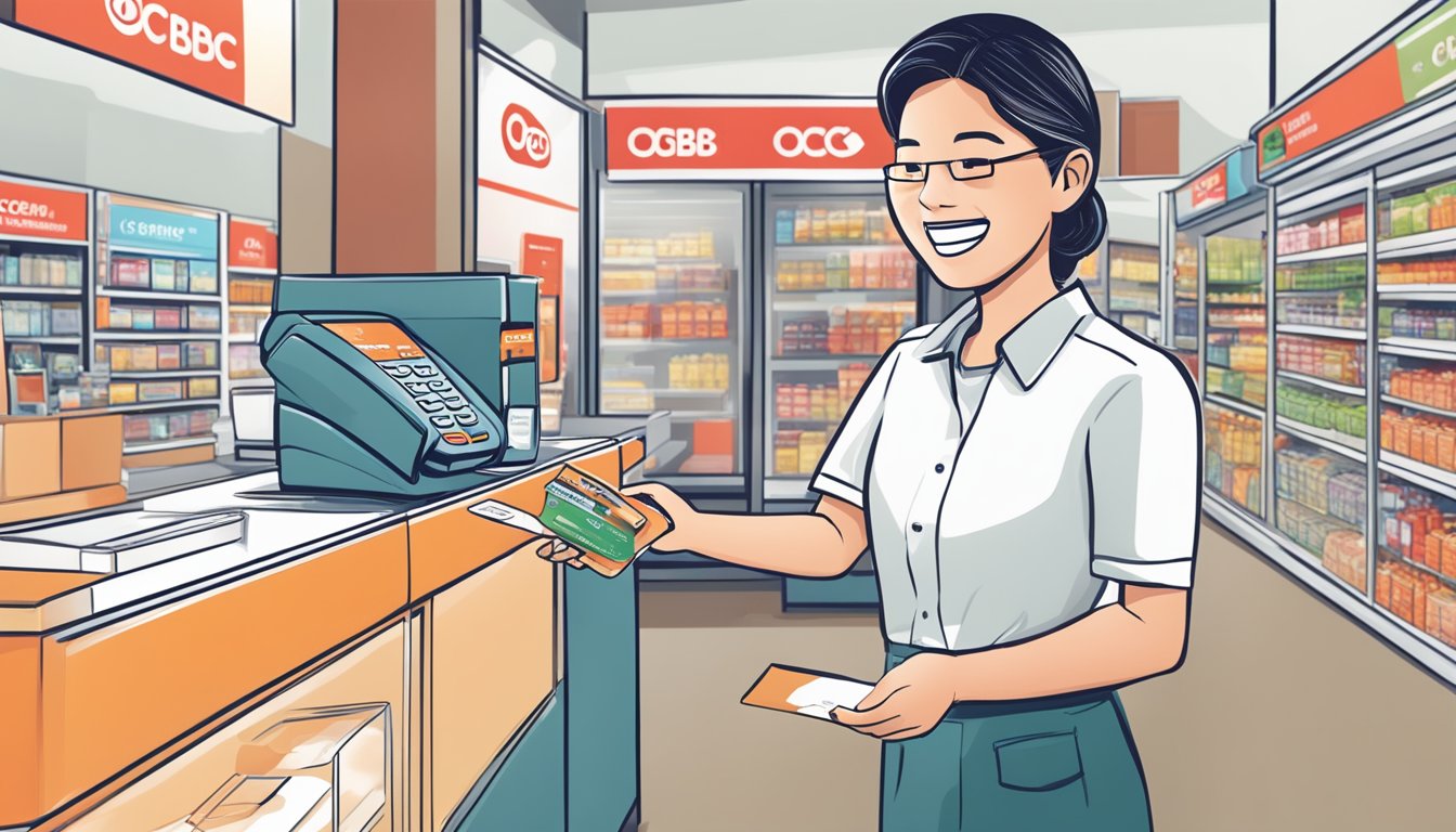 A person swiping an OCBC credit card at a store, with a smile on their face as they redeem rewards for their purchase