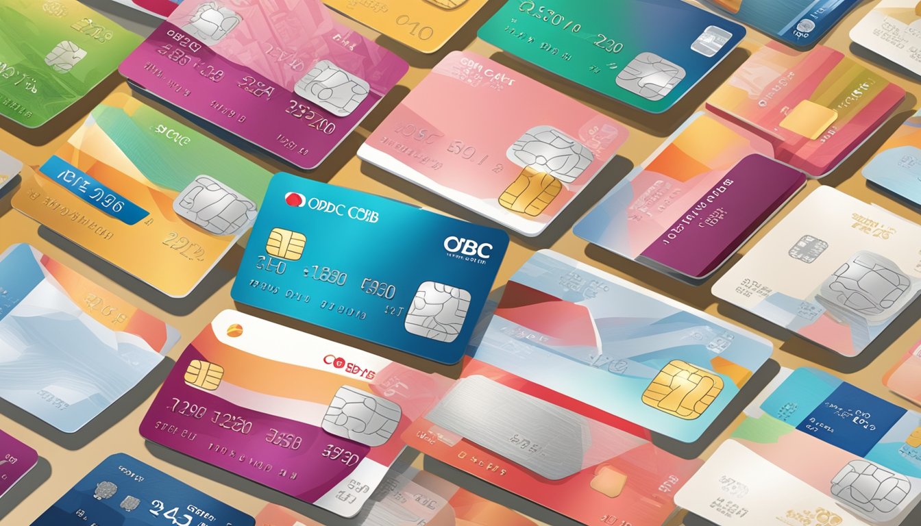 A stack of OCBC credit cards surrounded by various rewards such as travel vouchers, shopping discounts, and dining deals. The cards are arranged in a neat row with the rewards displayed prominently