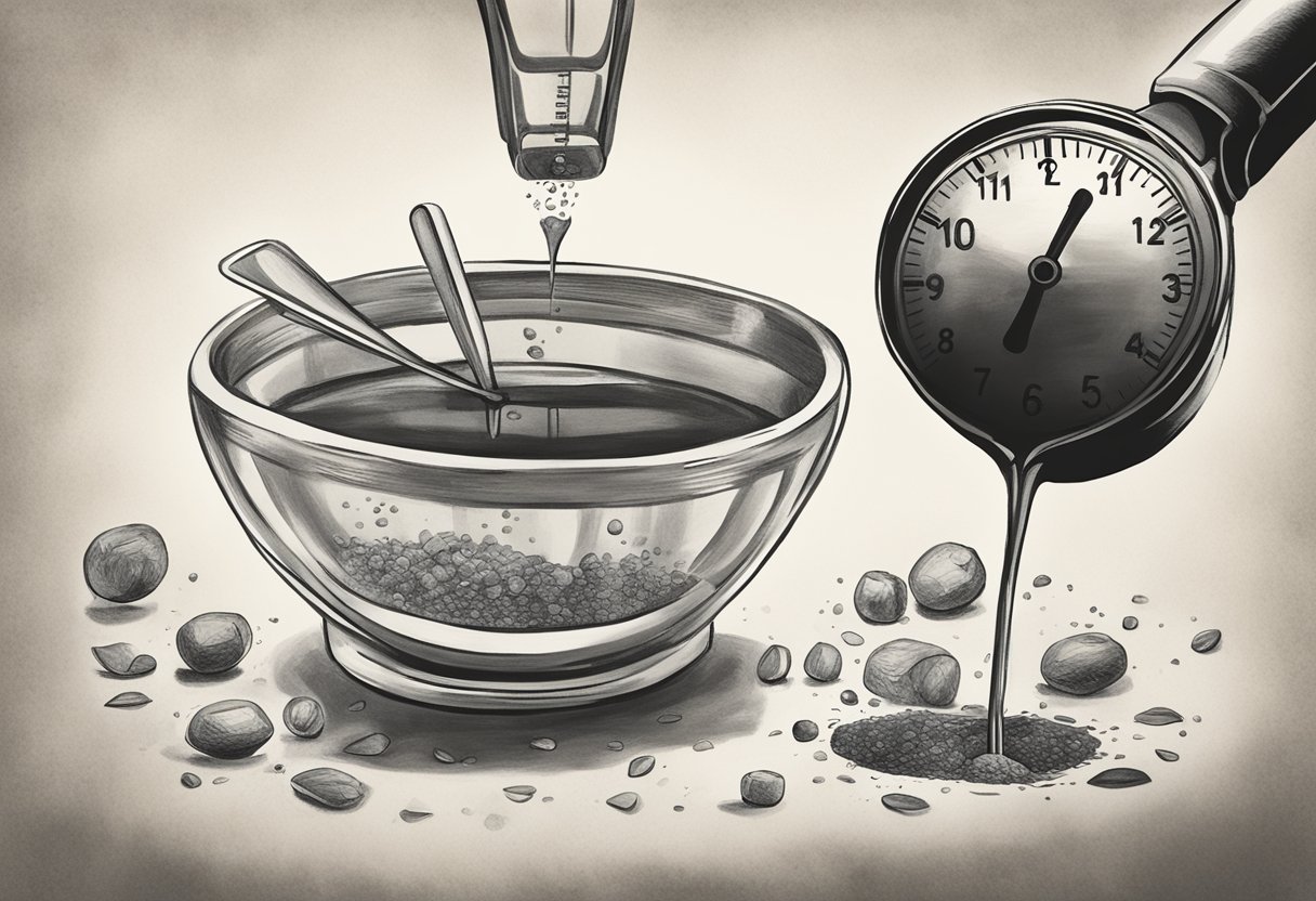 Myo-inositol being poured into a measuring spoon, with a clock in the background showing time passing