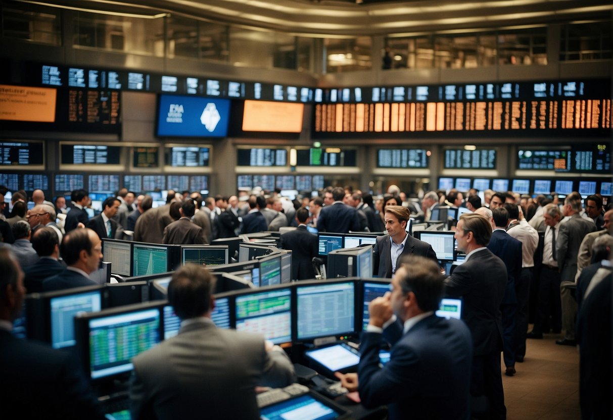 A crowded stock exchange floor, with traders gesticulating and shouting orders. Regulatory documents and monitors display compliance requirements