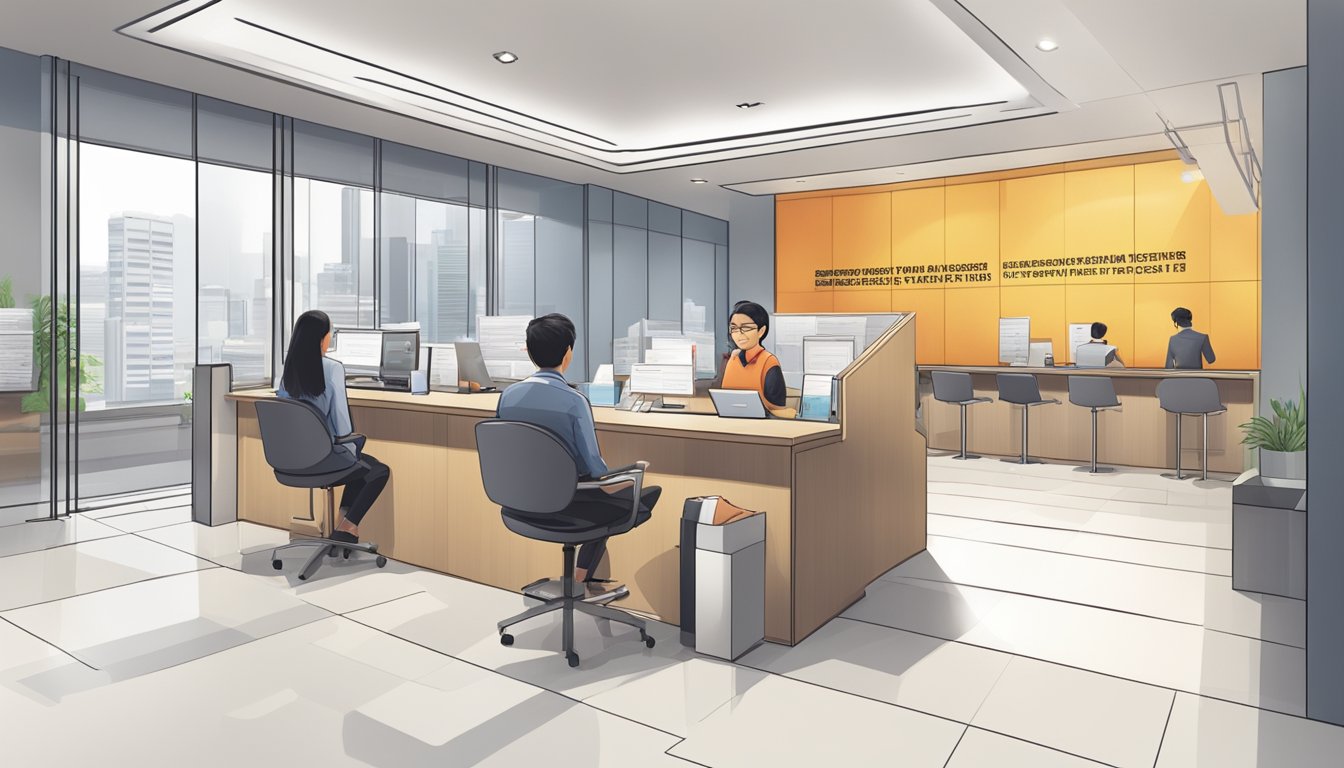 A person sits at a desk in a modern bank branch, filling out forms to open a current account with OCBC in Singapore. The bank representative assists with the process
