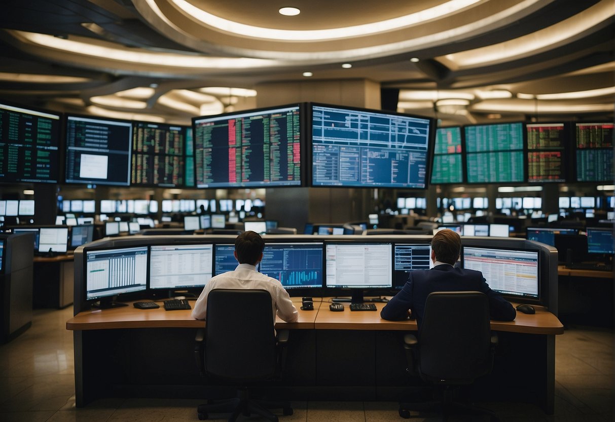 A bustling stock exchange floor with traders navigating complex regulations and challenges. Screens display fluctuating stock prices and a sense of urgency fills the air