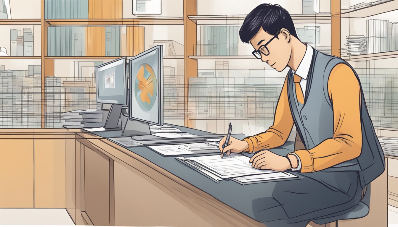 A person opening a OCBC current account in Singapore, filling out forms and providing identification to the bank representative