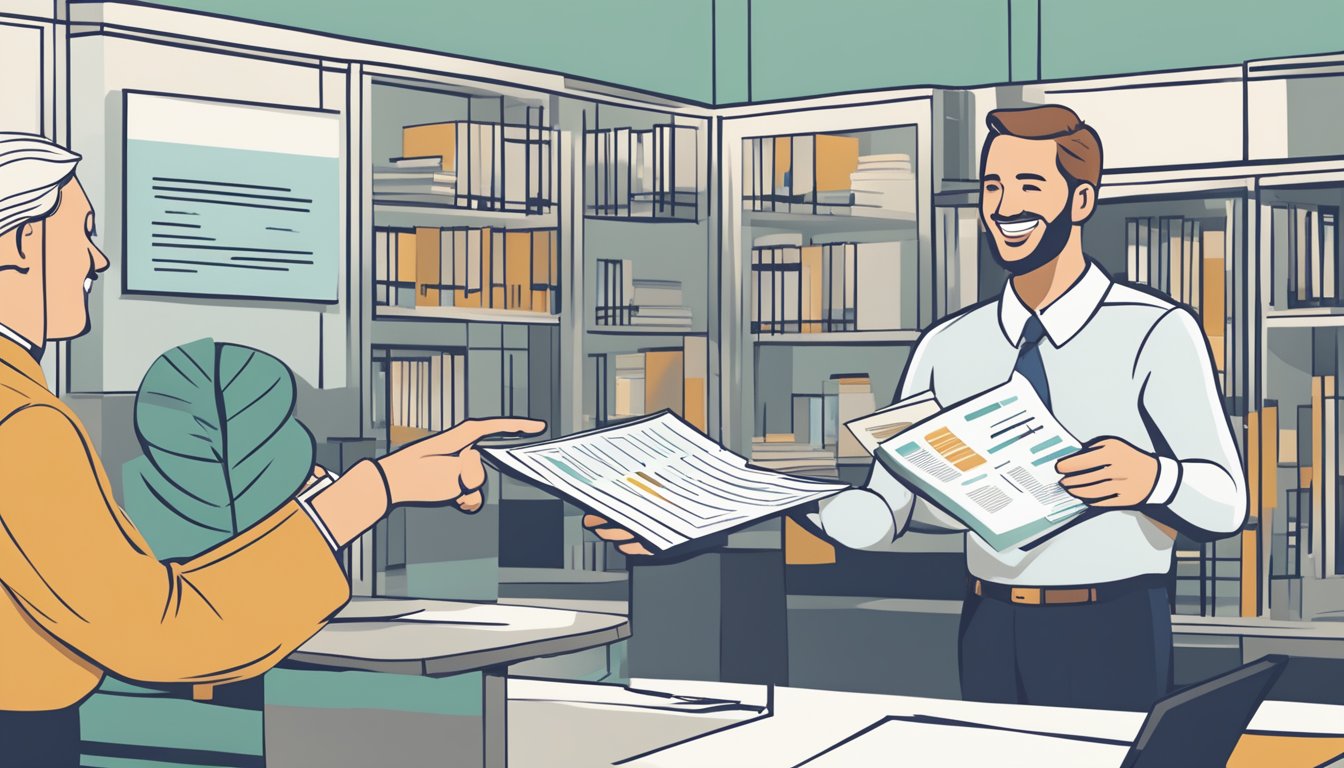 A person holding a brochure, pointing to a list of account features with a smile, while a bank representative explains benefits
