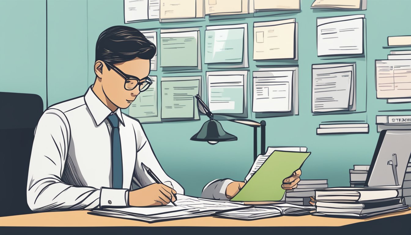 A person sitting at a desk, filling out paperwork with a pen. A sign overhead reads "Frequently Asked Questions ocbc current account opening singapore."