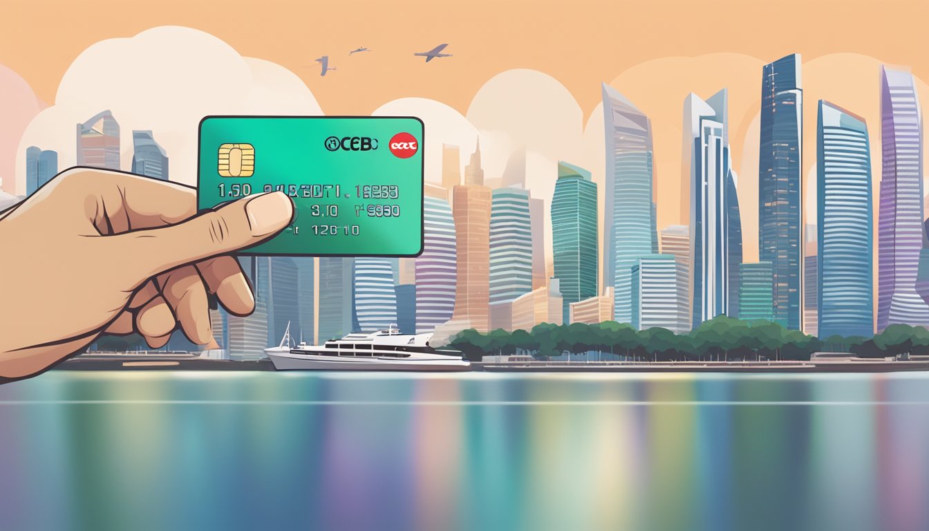 A hand holding an OCBC debit card in front of a Singapore skyline